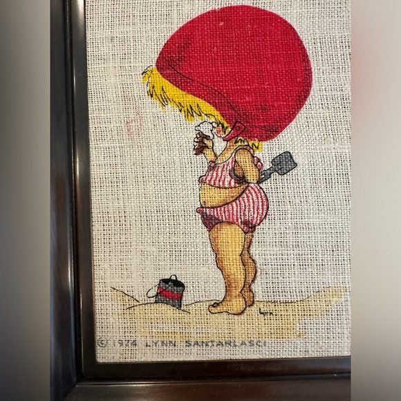 Vintage 1974 Artwork framed picture Lynn Santarlasci child beach ice cream - Picture 2 of 4
